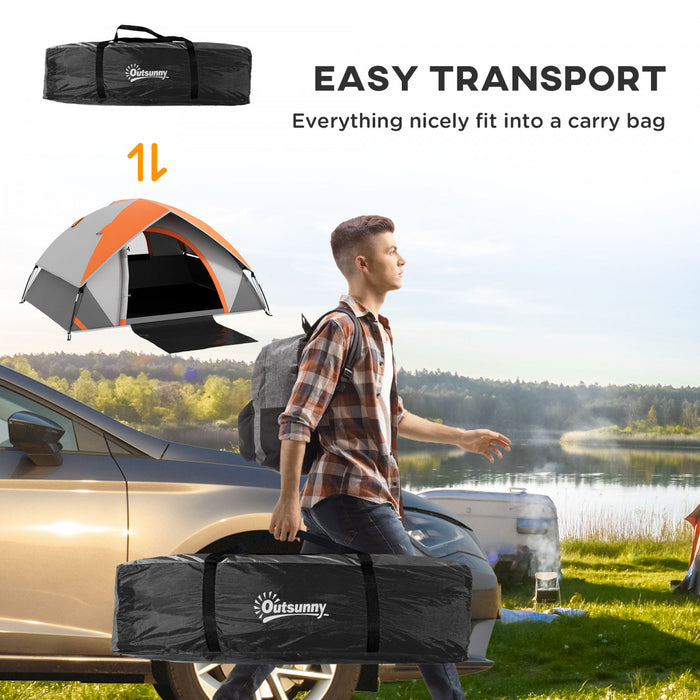 Outsunny 2 Man Camping Tent, 3000mm Waterproof Family Tent, Grey and Orange