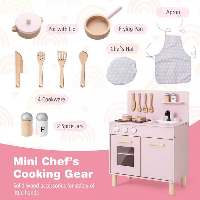 Costway Kids Kitchen Playset With Light Up Stove & Cooking Sounds Oven Sink Faucet Pink