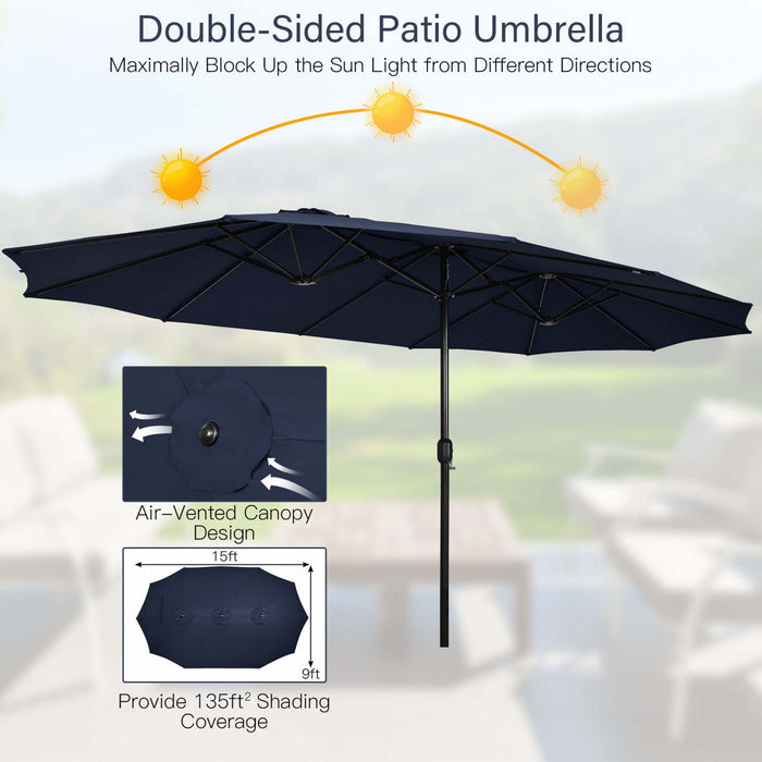 Costway 15FT Double-Sided Twin Patio Umbrella Sun Shade Outdoor Crank Market Base Navy