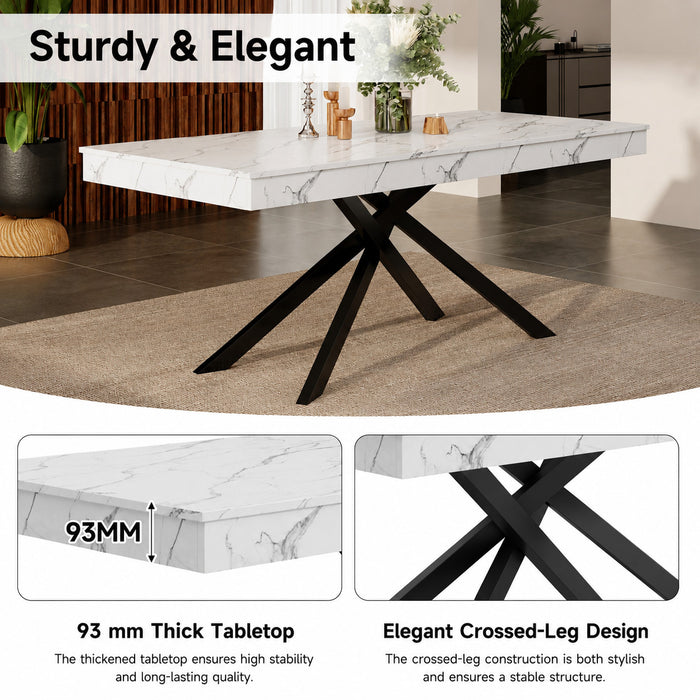 FlexDine 55-71 Inch Rectangular Extendable Dining Table with Cross Legs and Marble Effect Finish, White Marble