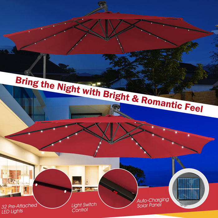 Costway 10FT Cantilever Solar Powered 32LED Lighted Patio Offset Umbrella Outdoor Wine