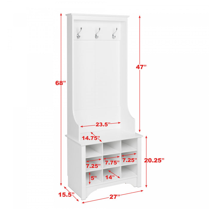 Narrow Hall Tree with Nine Shoe Cubbies - White