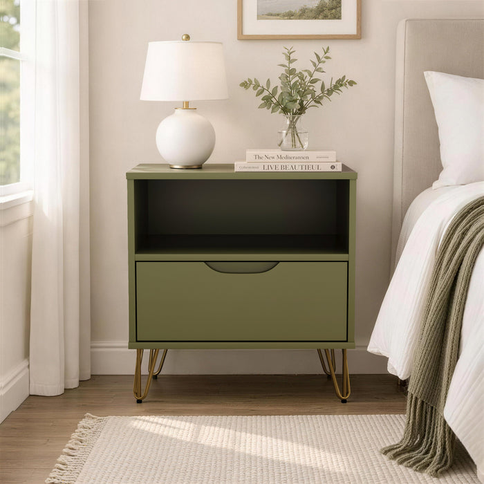 Avira Mid-Century Modern 20\" Nightstand in Olive Green (1-Drawer)