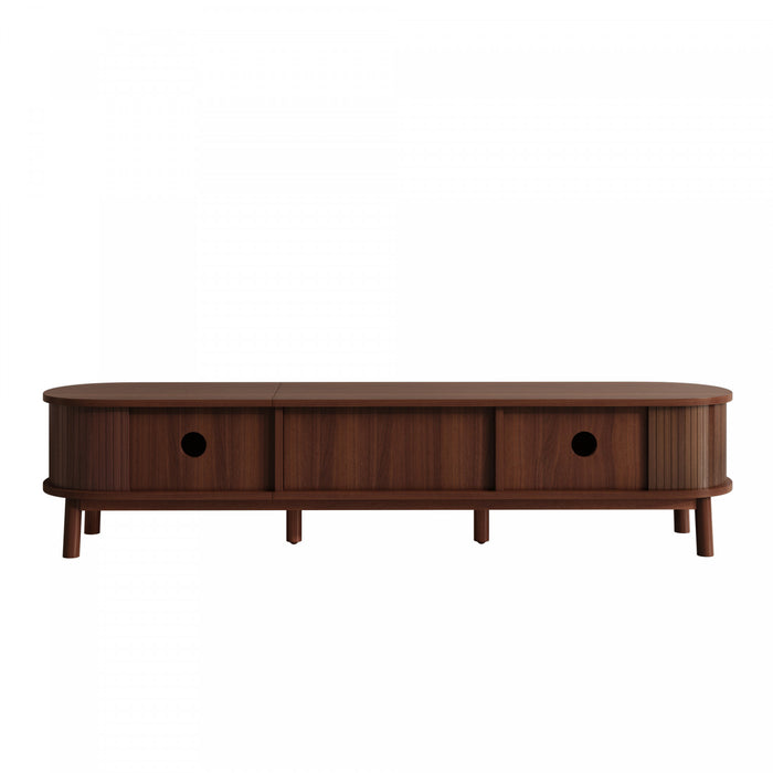 Rustic 67 Inch TV Cabinet with Rattan Sliding Doors and Drawers, Wood