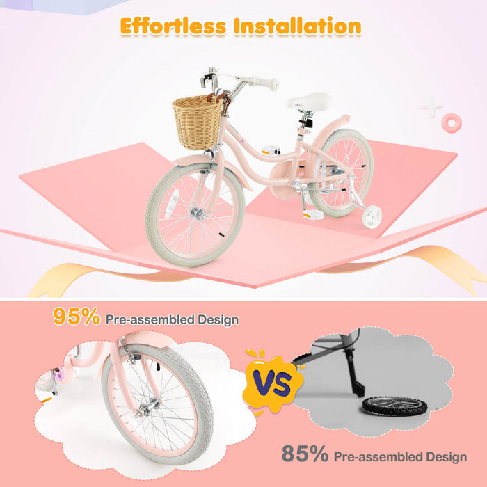 Costway 18\" Kid's Bike With Training Wheels Adjustable Handlebar Seat Handbrake Pink