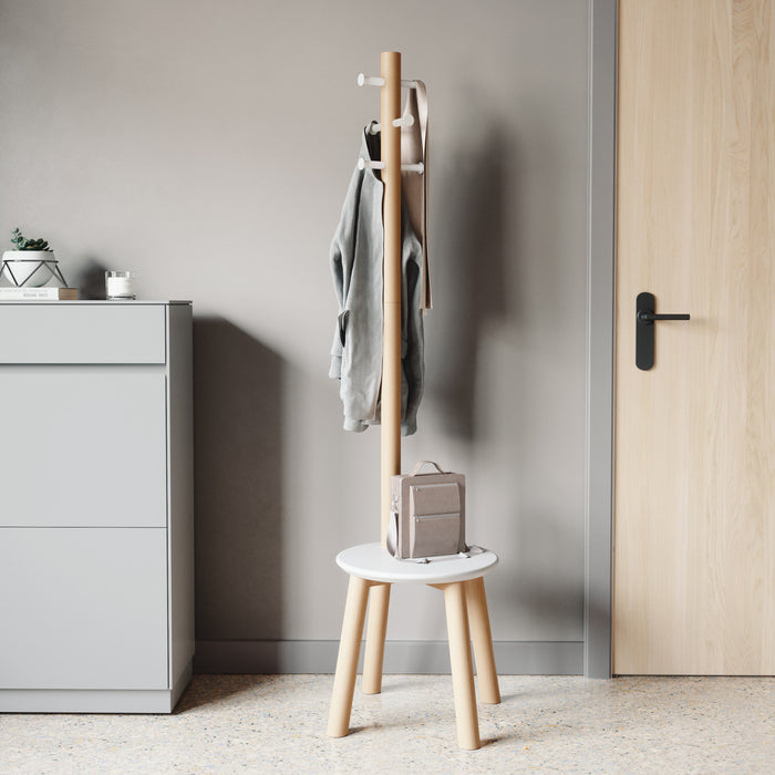 Umbra Modern Wood Pillar Stool and Coat Rack - White and Natural