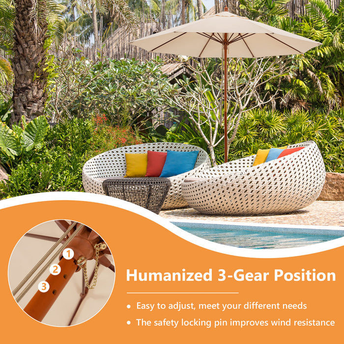 Costway 9.5 FT Patio Rope Pulley Wooden Umbrella Market w/Fiberglass Ribs Outdoor Beige