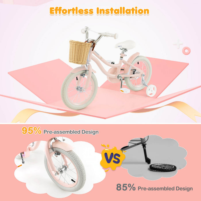 Prorider 14\" Kid's Bike With Training Wheels Adjustable Handlebar Seat Handbrake Pink