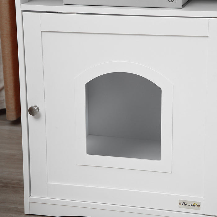 Pawhut Cat Litter Box Enclosure Hidden Cabinet Cat Furniture Indoor Cat Washroom Nightstand End Table With Cat-sized Hole Wide Tabletop Storage Shelf White