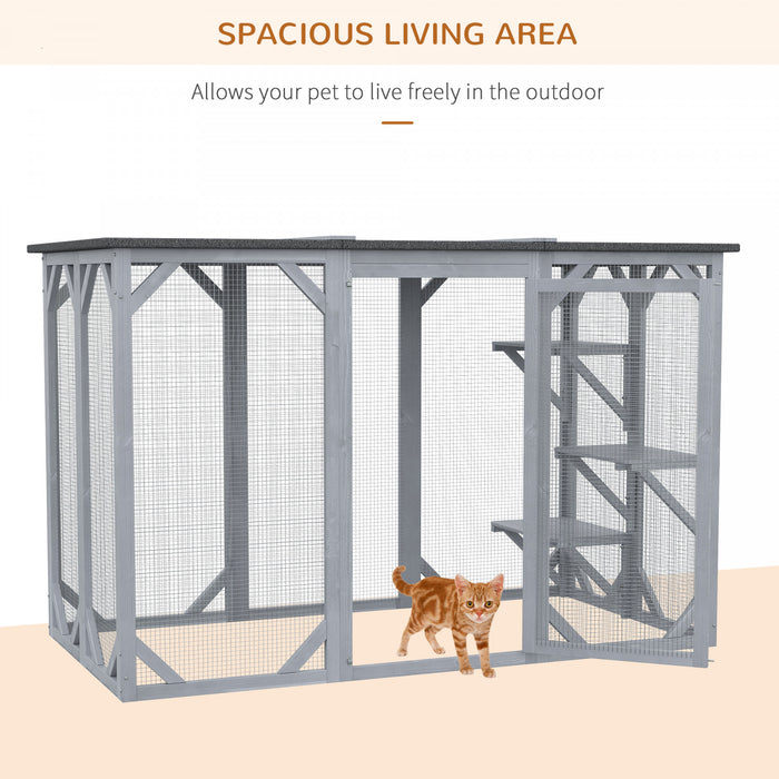 Pawhut Cat Cage Indoor Catio Outdoor Cat Enclosure Pet House Small Animal Hutch For Rabbit, Kitten, Crate Kennel With Waterproof Roof, Multi-level Platforms, Lock, Grey