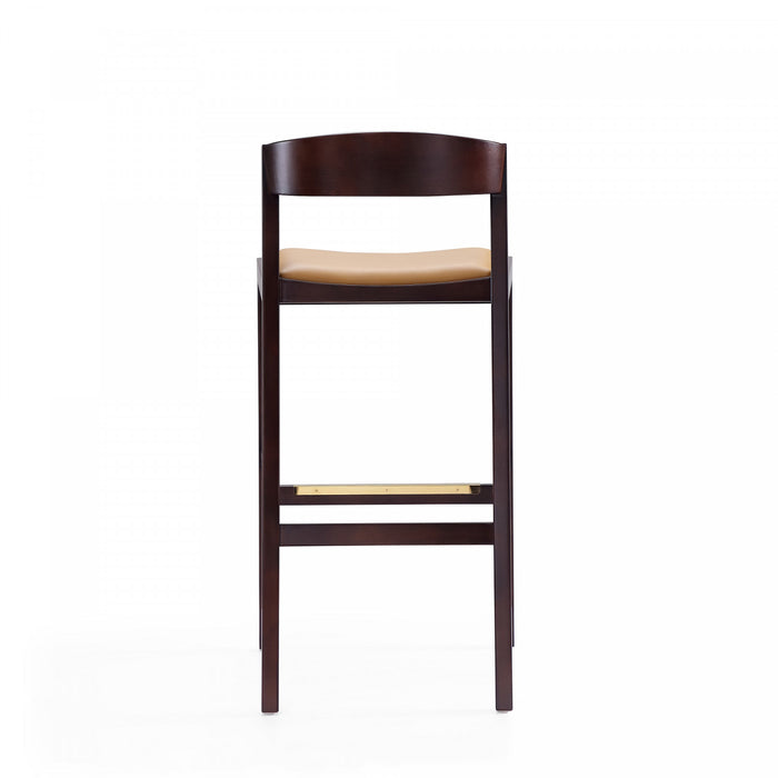 Klismos Mid-Century Modern Wood Upholstered Barstool in Camel - Set of 3