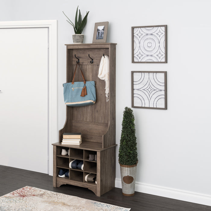 Narrow Hall Tree with Nine Shoe Cubbies - Drifted Grey