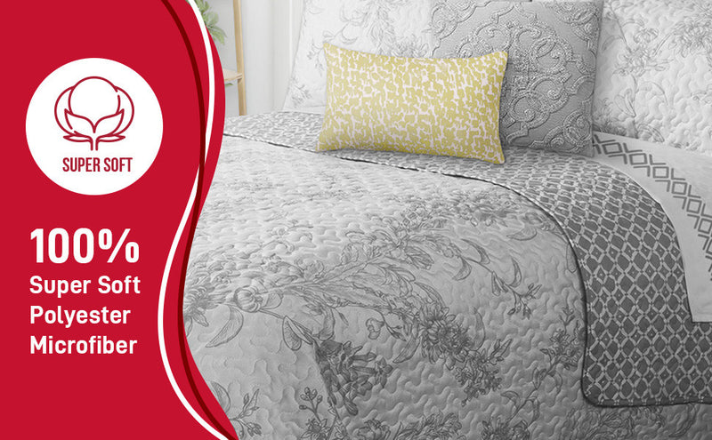 King Size 3-Piece Reversible Quilt Set - Grey and White Floral Botanical Print 