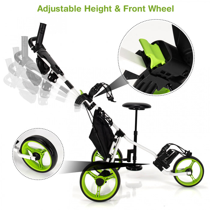 Goplus Folding 3 Wheels Golf Push Cart W/seat Scoreboard Adjustable Handle Green