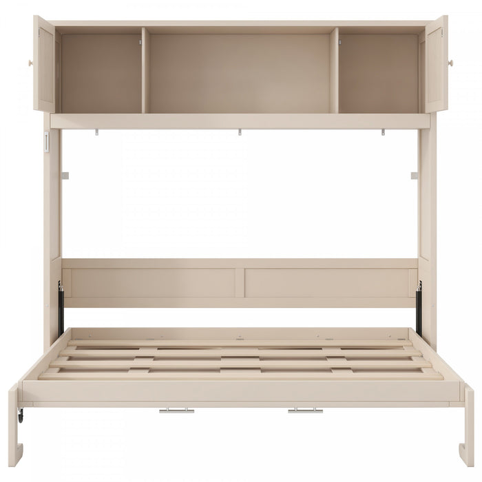 Ethan Solid Wood Murphy Bed with Storage Cabinets,Queen Size,Beige Queen Bed