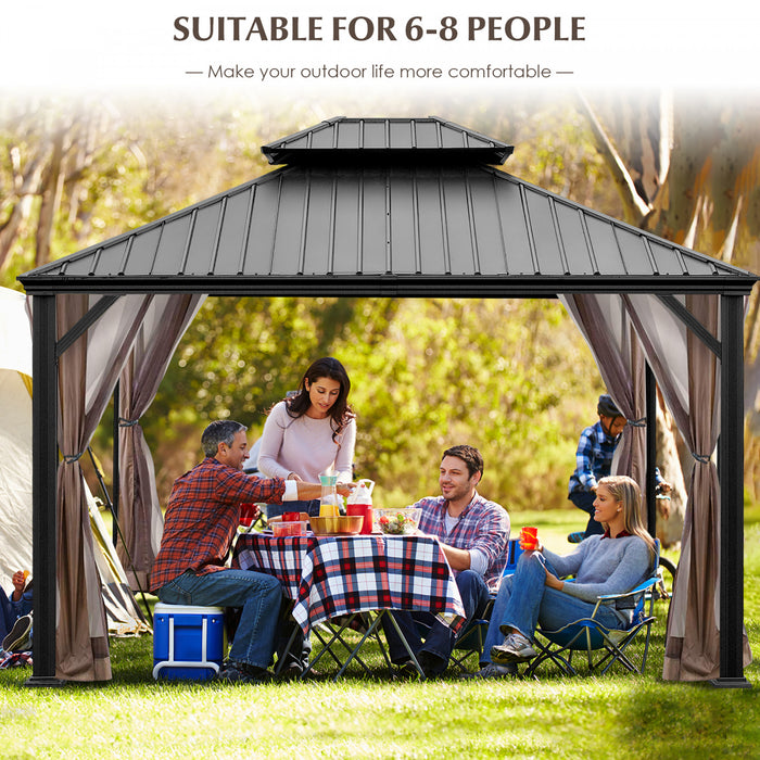 Costway 12ft X 10ft Hardtop Gazebo 2-tier Outdoor Galvanized Steel Canopy Brown