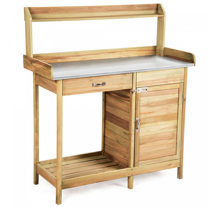 Costway Outdoor Potting Bench Garden Wooden Work Station Metal Tabletop Cabinet