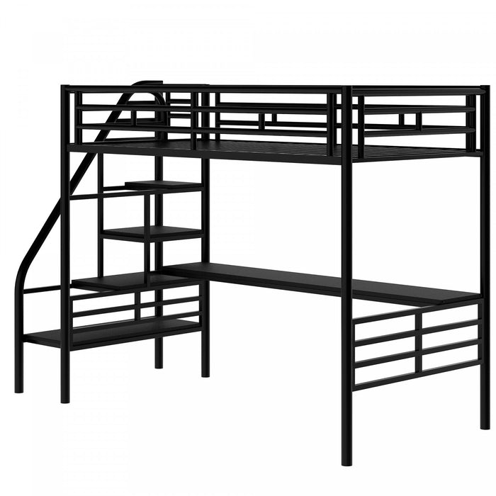 Cherry Twin Loft Space-saving Metal Bed With Desk, Led Light, Black