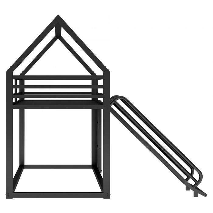 Liam House Metal Bunk Bed with Ladder and Slide, Twin Over Twin Size, Black