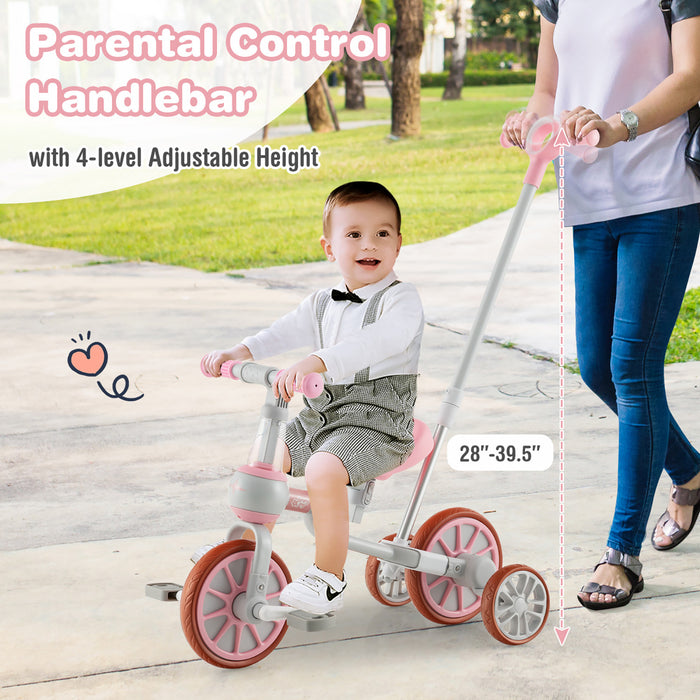 Costway 4 In 1 Kids Tricycles With Push Handle & Training Wheels Baby Balance Bike Pink