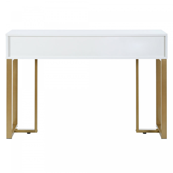 Horizon Modern Console Table with Geometric Drawers and Gold Frame, White/Gold