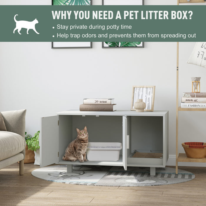 Pawhut Wooden Cat Washroom Pet Litter Box Enclosure Kitten House Nightstand End Table With Scratcher Magnetic Doors Grey