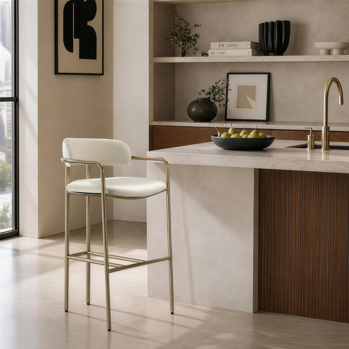 Serene Mid-Century Modern Metal Upholstered Barstool in Alabaster