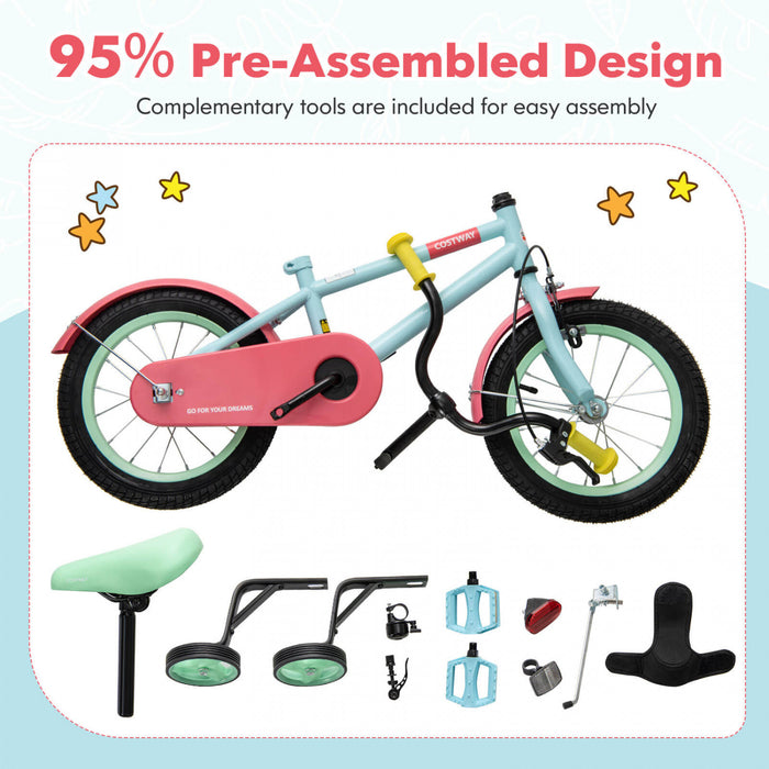 Costway 18\" Kids Bike With Adjustable Saddle Handlebar Removable Training Wheels Handbrake Red