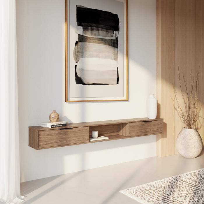 Nordika Slim 72\" Wall-Mounted TV Stand with 2 Storage Cabinets - Light Walnut