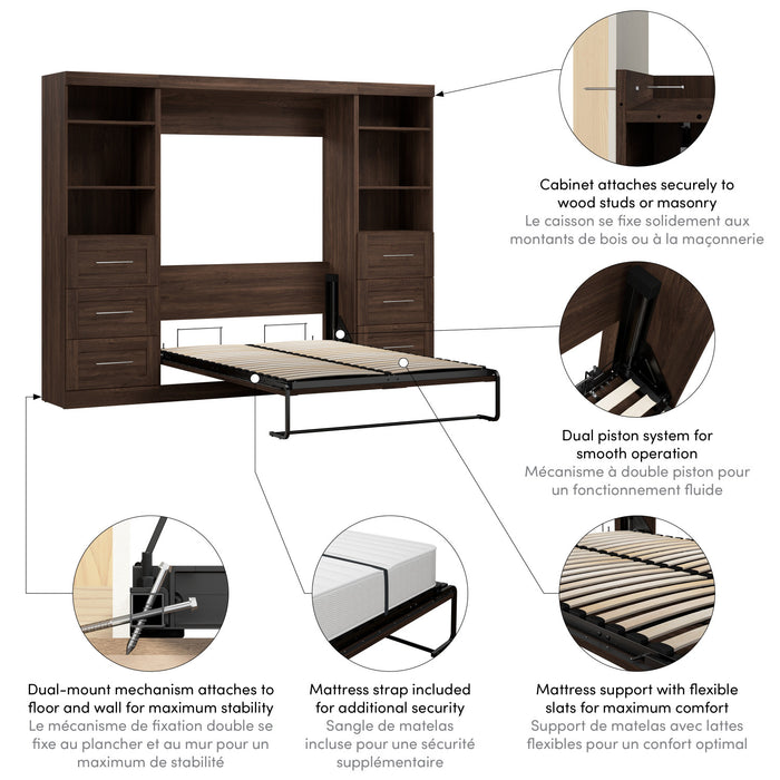Bestar Pur 109\" Full Murphy Bed and 2 Shelving Units with Drawers - Black Walnut