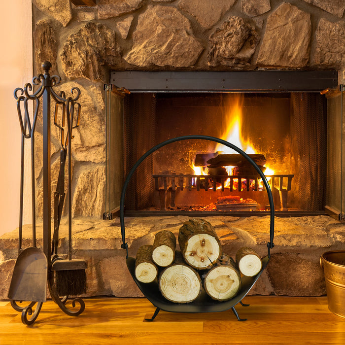 Outsunny 16\" Firewood Log Rack Curved Fireplace Log Holder Wood Storage Basket Carrier With Handle, For Outdoor And Indoor Use, Black