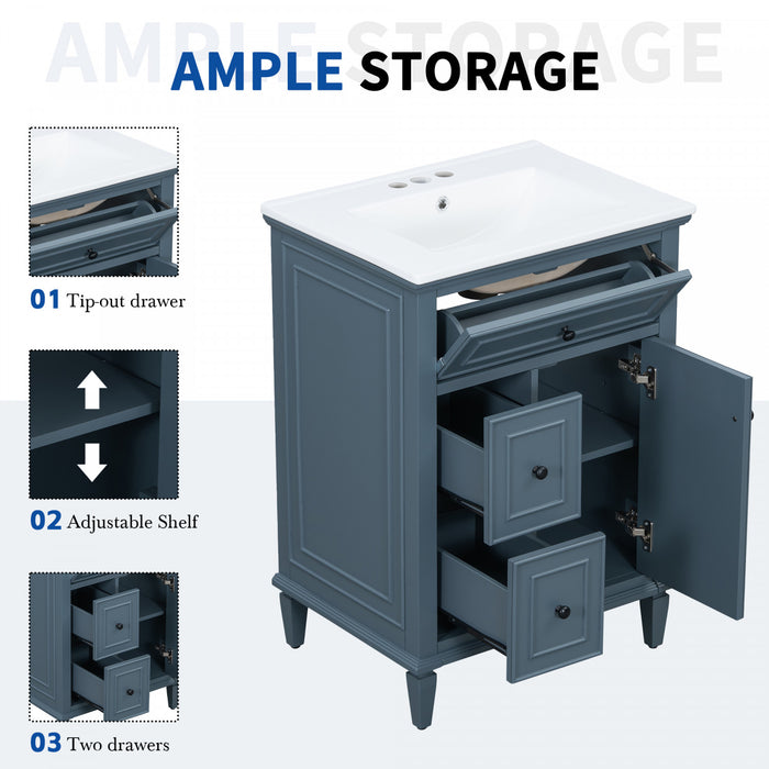 Vivo 24 Inch Single Sink Bathroom Vanity with Flip Drawer and Solid Wood Legs, Blue Gray