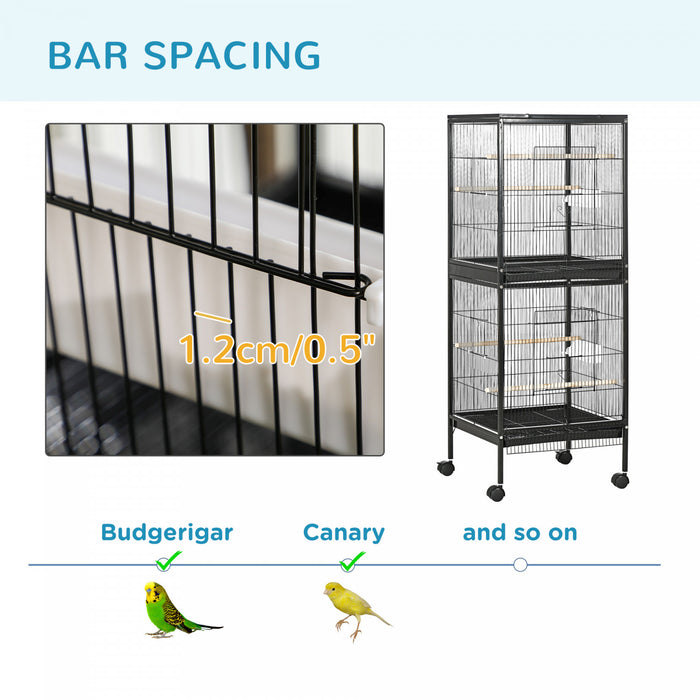 Pawhut 55.1\" 2 In 1 Bird Cage Aviary Parakeet House For Finches, Budgies With Wheels, Slide-out Trays, Wood Perch, Food Containers, Black