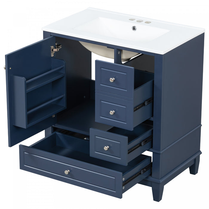 Emma 30\" Solid Wood Bathroom Vanity with Ceramic Sink and Soft-Close Door, Blue