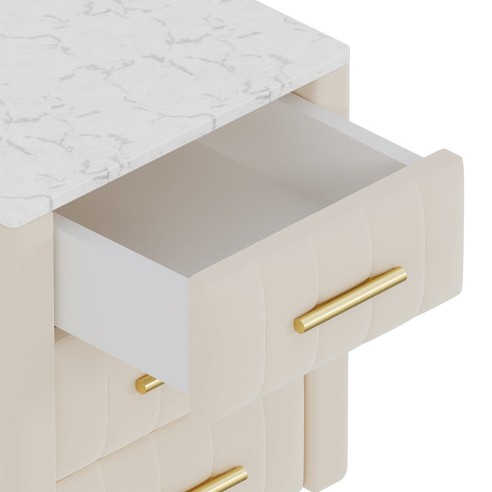Dylan Upholstered Wooden Nightstand with 3 Drawers and Metal Legs,Beige