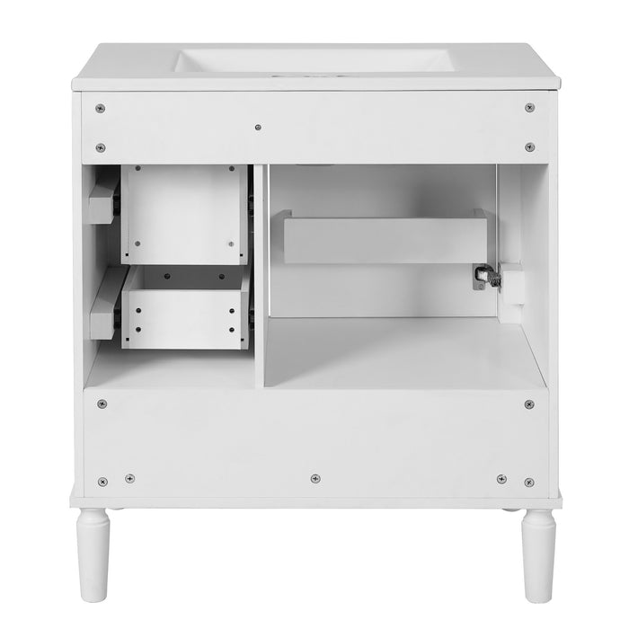 Emerson 30 Inch Bathroom Vanity with Ceramic Sink and Three Drawers, White