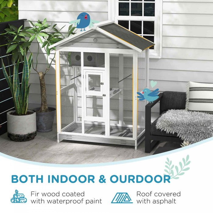 Pawhut 65\" Bird Cage Large Wooden Aviary For Canary With Standing Pole Nest Slide-out Tray, For Indoor Outdoor, Grey