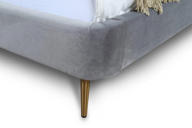 Heather Mid-Century Modern Velvet Upholstered Queen Bed in Gray and Gold