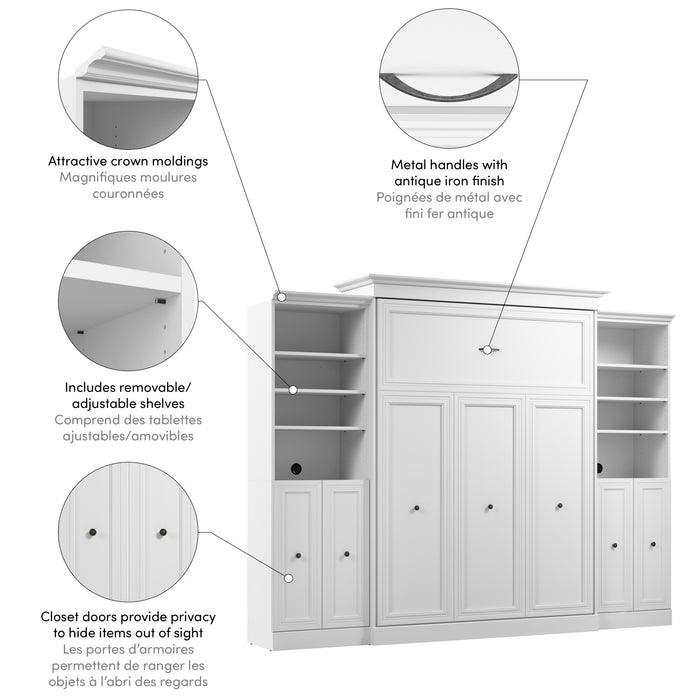 Bestar Versatile Queen Murphy Bed and Two Closet Organizers with Doors (115 W) - White