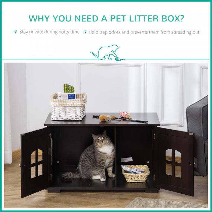 Pawhut Cat Litter Box Enclosure Hidden Cat Furniture Cabinet Indoor Cat Washroom Double-door Nightstand End Table With Cat Hole Window Coffee