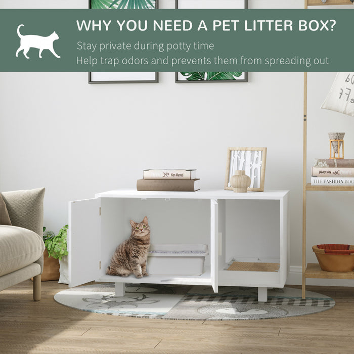 Pawhut Wooden Cat Washroom Pet Litter Box Enclosure Kitten House Nightstand End Table With Scratcher Magnetic Doors White
