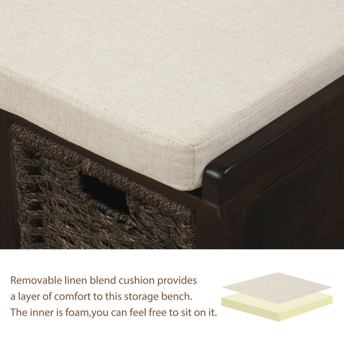 Leif Solid Wood And Rattan Baskets Storage Bench With Cushioned Seat - Espresso
