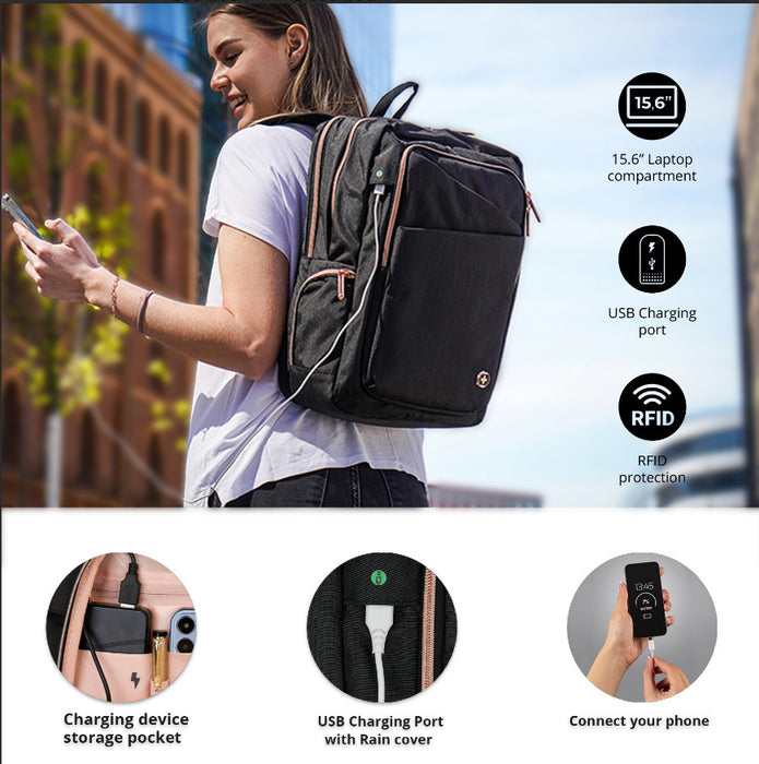 Swissdigital Design Smart Backpack KATY ROSE - Rucksack with Integrated Charging Port - Black