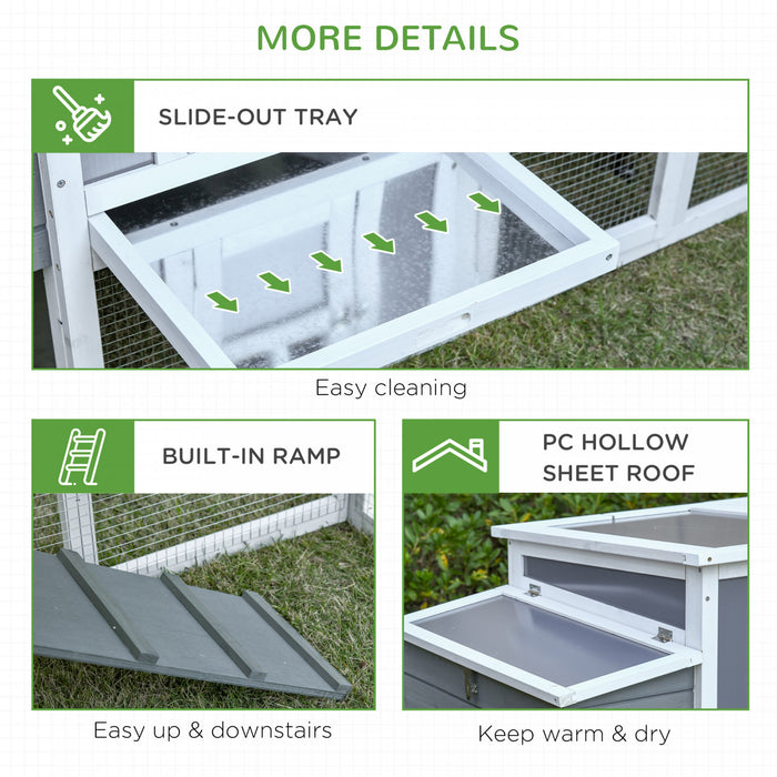 Pawhut 64\" Wooden Chicken Coop, Outdoor Hen House Poultry Cage With Outdoor Run, Nesting Box, Removable Tray, Openable Roof And Lockable Doors，white And Grey