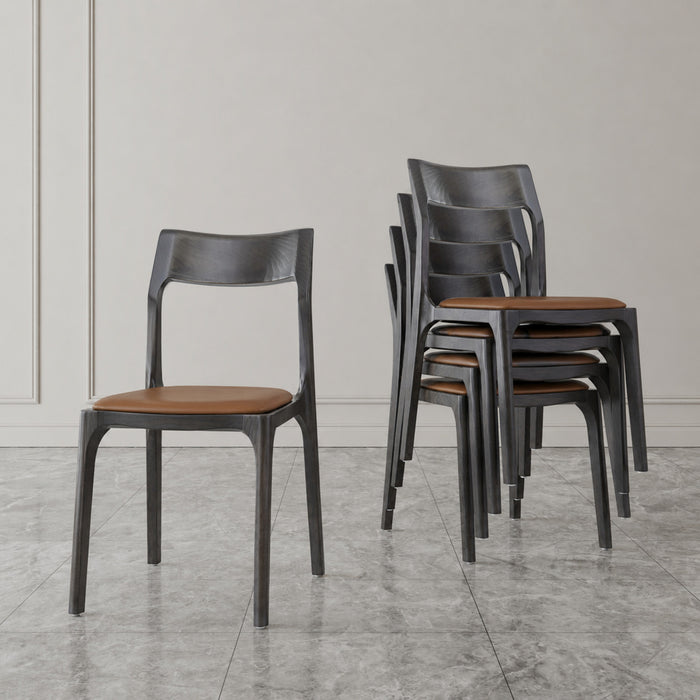 Moderno Modern Vegan Leather Wood Dining Chair in Saddle - Set of 2