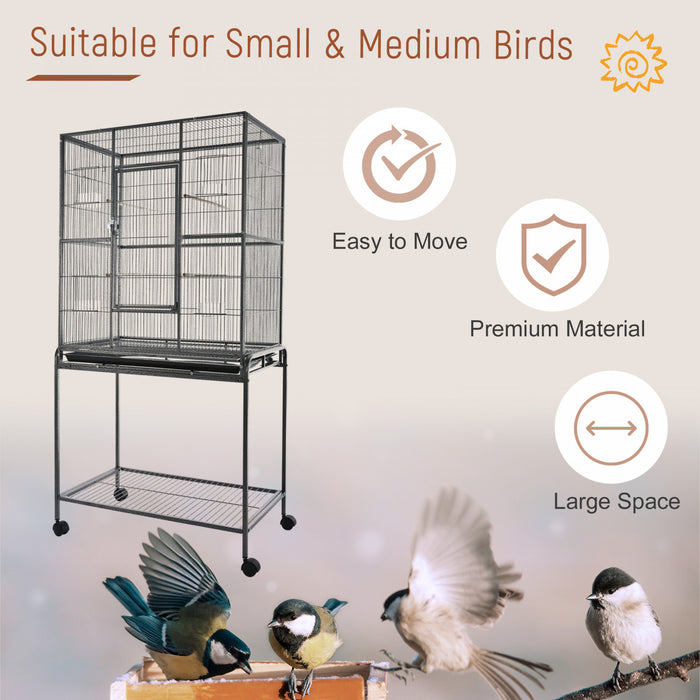 Pawhut 64\" Large Bird Cage, Rolling Metal Parrot Cage, Bird House With Detachable Rolling Stand, Storage Shelf, Wood Perch, Food Container