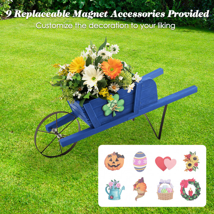 Costway Wooden Wagon Planter Decorative Indoor/outdoor Rustic Flower Cart With Wheel Blue