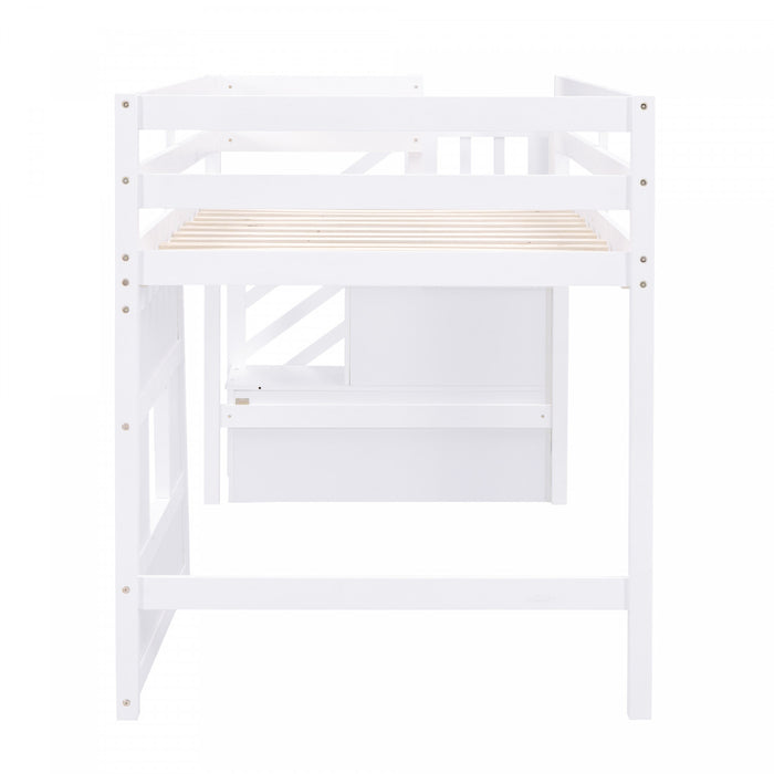 Martin Twin Solid Wood Loft Bed With Storage Stairs, Play Window, Led Light, White