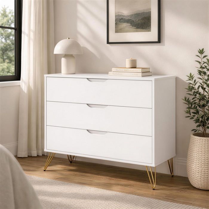 Avira Mid-Century Modern 35\" Dresser in White (3-Drawer)