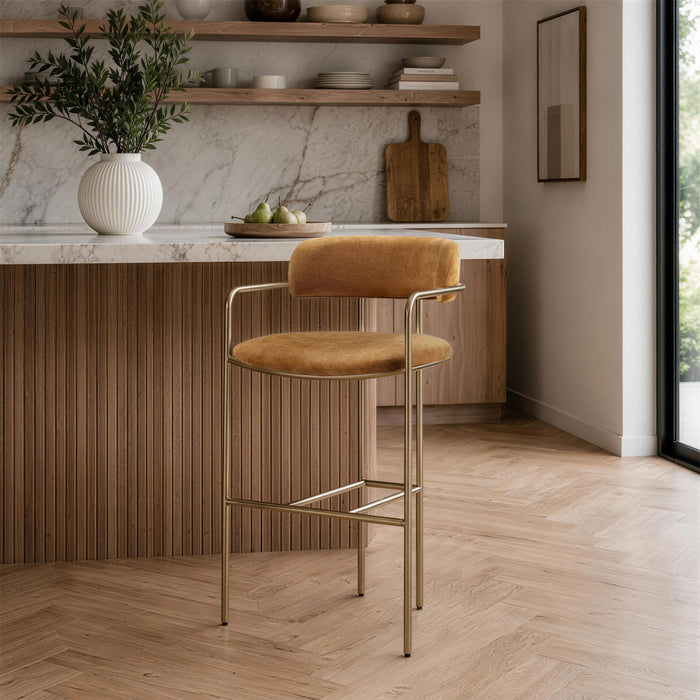 Serene Mid-Century Modern Metal Upholstered Counter Stool in Turmeric